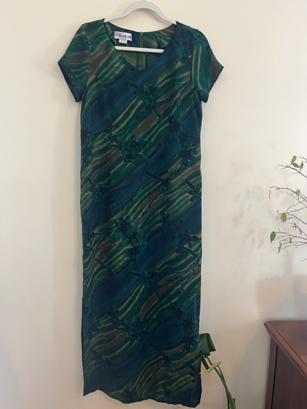 Vintage Kenny Silk Maxi Dress Floral Abstract Green Boho Phoebe‎ Blue Tropical